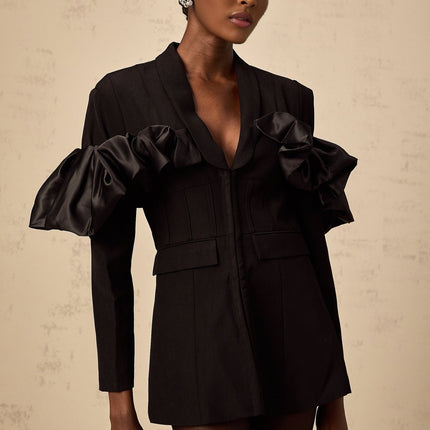 Aubree Black Blazer Panel Ruffled Design Terylene Acetate Fiber Front Hook Eye Fastening Flap Pockets Shawl Lapels Boned Waist