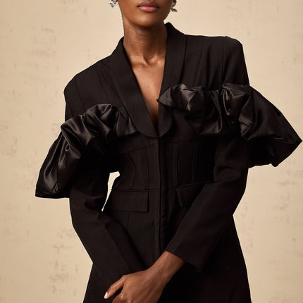 Aubree Black Blazer Panel Ruffled Design Terylene Acetate Fiber