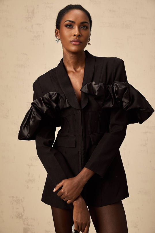 Aubree Black Blazer Panel Ruffled Design Terylene Acetate Fiber