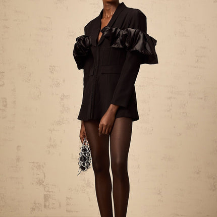 Aubree Black Blazer Panel & Ruffled Design 100% Terylene 100% Acetate Fiber Front Flap Pockets Shawl Lapels Boned Waist Hook and Eye Fastening Delicate Ruffled Detailing Sophisticated Elegant Formal Casual Occasions