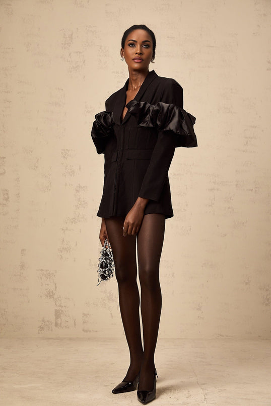Aubree Black Blazer Panel & Ruffled Design 100% Terylene 100% Acetate Fiber Front Flap Pockets Shawl Lapels Boned Waist Hook and Eye Fastening Delicate Ruffled Detailing Sophisticated Elegant Formal Casual Occasions