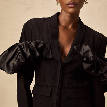 Aubree Black Blazer Panel Ruffled Design Shawl Lapels Boned Waist Front Hook Eye Fastening Flap Pockets Luxurious Blend Terylene Acetate Fiber Quality Style Formal Casual Occasions