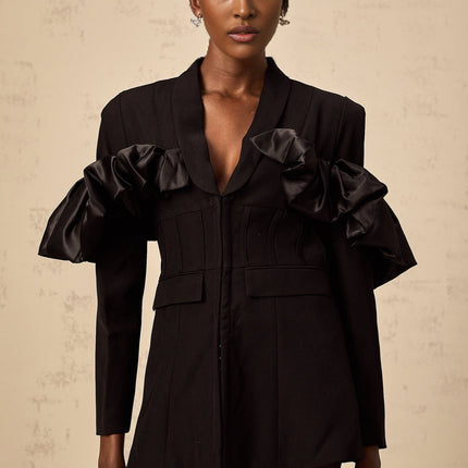 Aubree Black Blazer Panel Ruffled Design Terylene Acetate Fiber