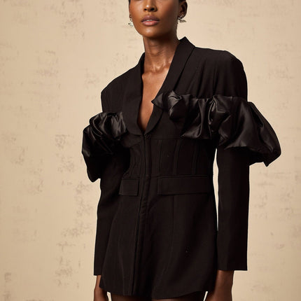 Aubree Black Panel Ruffled Blazer in Terylene and Acetate Fiber