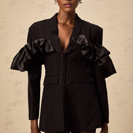 Aubree Black Panel Ruffled Blazer for Women