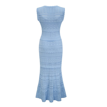 Aubree Blue Crochet Knit Midi Dress with Ruffled Trim