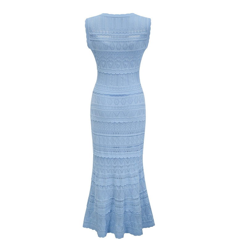 Aubree Blue Crochet Knit Midi Dress with Ruffled Trim
