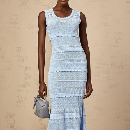 Aubree Blue Crochet Knit Midi Dress with Ruffled Trim