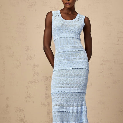 Aubree Blue Crochet Knit Midi Dress