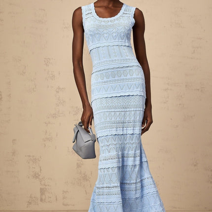 Aubree Blue Crochet Knit Midi Dress