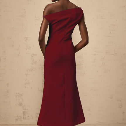 Aubree Red Burgundy Pleated Midi Dress with Asymmetrical Mono Shoulder and Gathered Embellishments
