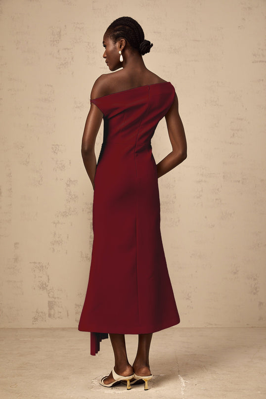 Aubree Red Burgundy Pleated Midi Dress with Asymmetrical Mono Shoulder and Gathered Embellishments