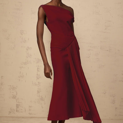 Aubree Red Burgundy Pleated Midi Dress with Asymmetrical Shoulder and Gathered Embellishments