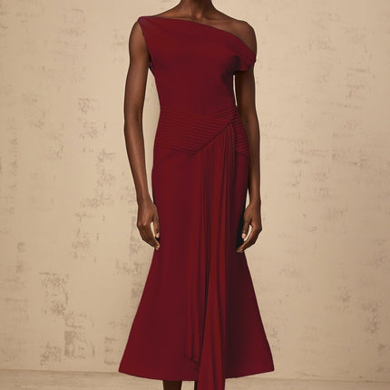 Aubree Red Pleated Midi Dress Burgundy Draped Silhouette