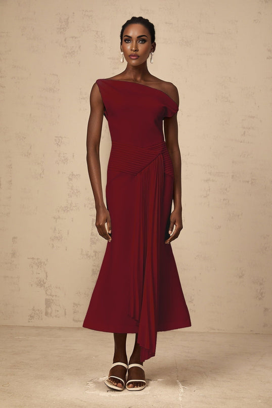 Aubree Red Pleated Midi Dress Burgundy Draped Silhouette