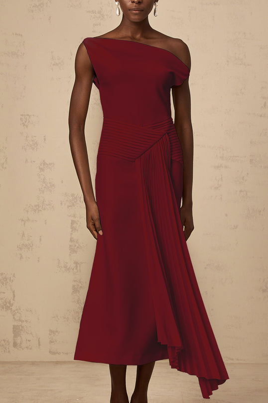 Aubree Red Pleated Midi Dress in Burgundy for Women