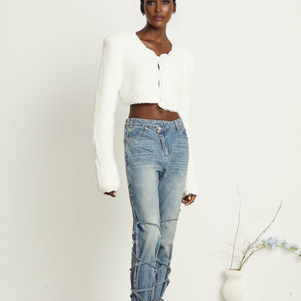 Aubrey White Cropped Padded Knit Cardigan 100 Nylon Front Button Fastening Long Sleeves