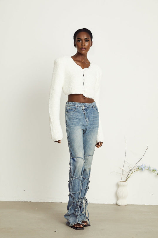 Aubrey White Cropped Padded Knit Cardigan 100 Nylon Front Button Fastening Long Sleeves