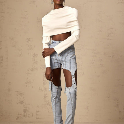 Aubrey White Off-Shoulder Cropped Top with Ruched Detailing