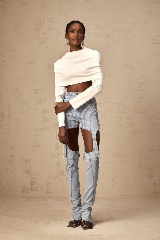 Aubrey White Off-Shoulder Cropped Top with Ruched Detailing