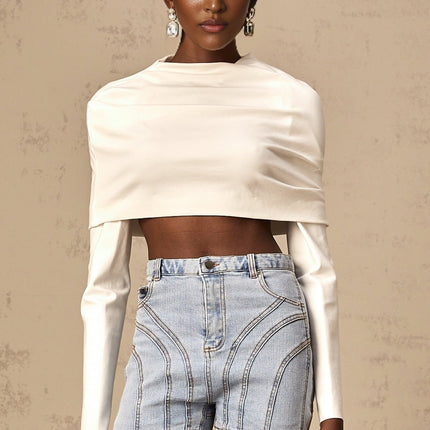 Aubrey White Cropped Top with Off-Shoulder Design and Ruched Detailing