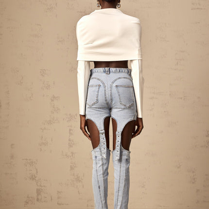 Aubrey White Cropped Top with Off-Shoulder Design and Ruched Detailing