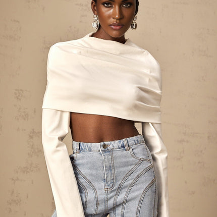 Aubrey White Cropped Top with Off-Shoulder Design and Ruched Detailing