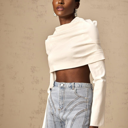 Aubrey White Cropped Top Long Sleeve Cowl Neck Ruched Detailing