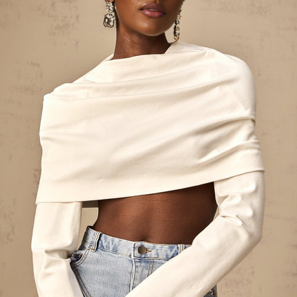 Aubrey White Cropped Top with Off-Shoulder Design and Ruched Detailing