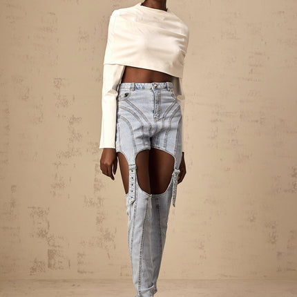 Aubrey White Cropped Top with Off-Shoulder Design and Ruched Detailing