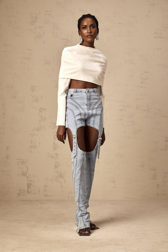 Aubrey White Cropped Top with Off-Shoulder Design and Ruched Detailing