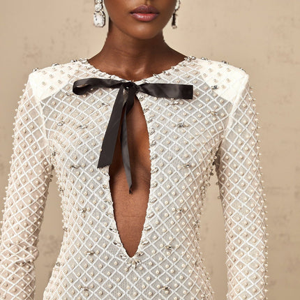 Aubrey White Crystal Bow Embellished Mini Dress