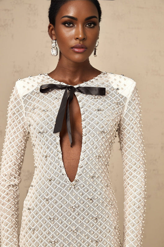 Aubrey White Crystal Bow Embellished Mini Dress