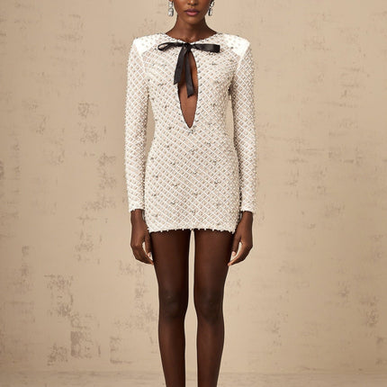 Aubrey White Crystal Bow Embellished Mini Dress