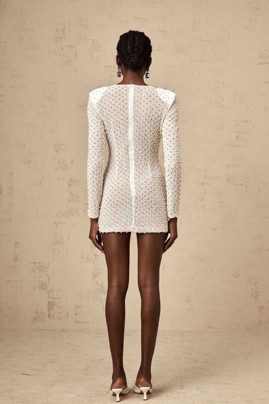 Aubrey White Crystal Bow Embellished Mini Dress