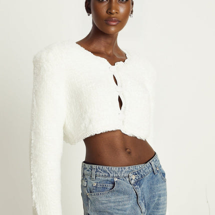Aubrey White Fluffy Knit Cropped Cardigan 100% Nylon Padded Design Long Sleeves Button Fastening