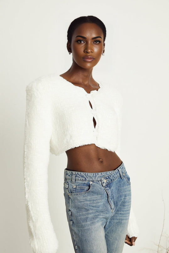 Aubrey White Fluffy Knit Cropped Cardigan 100% Nylon Padded Design Long Sleeves Button Fastening