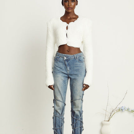 Aubrey White Padded Cropped Cardigan 100 Percent Nylon Knit Elegance
