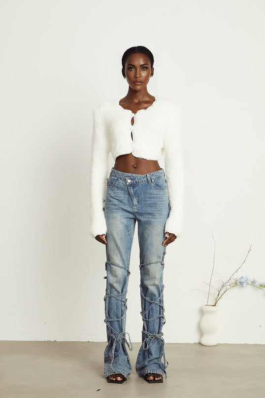 Aubrey White Padded Cropped Cardigan 100 Percent Nylon Knit Elegance
