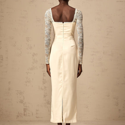Aubrey White Satin Lace Midi Dress with Long Sleeves and Sweetheart Neck