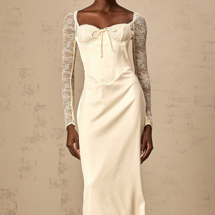 Aubrey White Satin Lace Midi Dress with Long Sleeves and Sweetheart Neck
