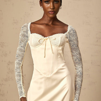 Aubrey White Satin Lace Midi Dress Long Sleeve Sweetheart Bustier Rear Slit Front Tie Zipper Ankle Length Polyester Spandex