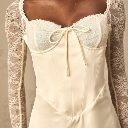 Aubrey White Satin Lace Midi Dress Long Sleeve Sweetheart Neck Bustier Rear Slit Front Tie Rear Zip Ankle Length 96 Polyester 4 Spandex