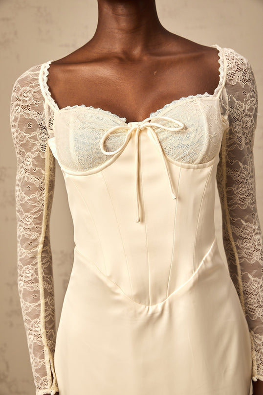Aubrey White Satin Lace Midi Dress Long Sleeve Sweetheart Neck Bustier Rear Slit Front Tie Rear Zip Ankle Length 96 Polyester 4 Spandex