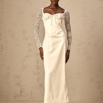 Aubrey White Satin Lace Midi Dress Long Sleeve Sweetheart Neck Bustier Rear Slit Front Tie Fastening Ankle Length Rear Zip Fastening 96 Polyester 4 Spandex