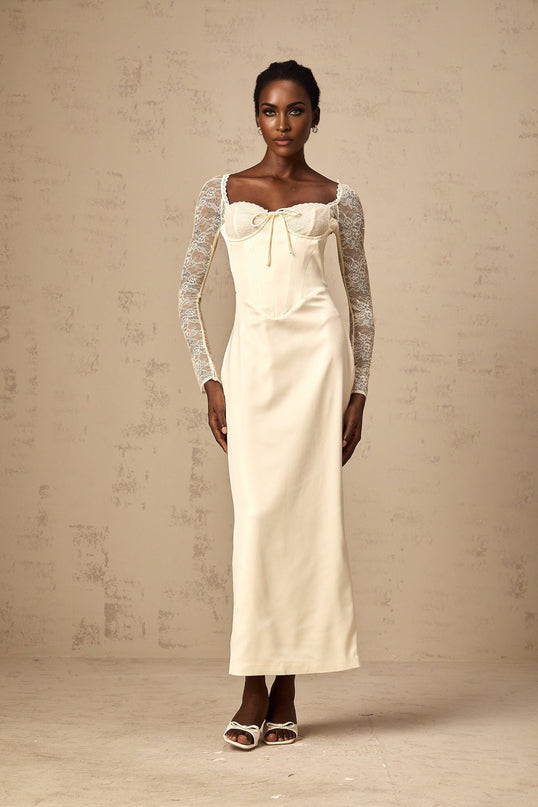 Aubrey White Satin Lace Midi Dress Long Sleeve Sweetheart Neck Bustier Rear Slit Front Tie Fastening Ankle Length Rear Zip Fastening 96 Polyester 4 Spandex