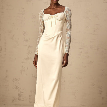 Aubrey White Satin Lace Midi Dress with Long Sleeves and Sweetheart Neck