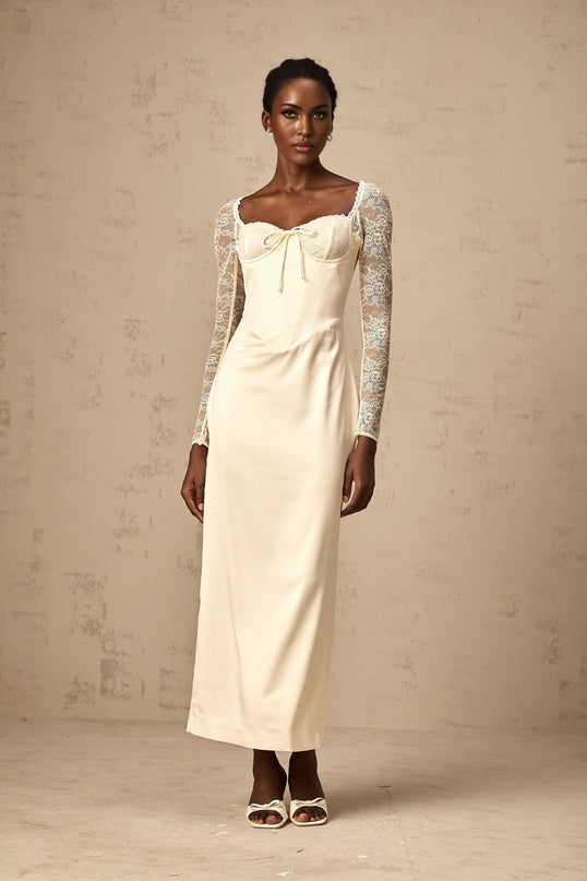 Aubrey White Satin Lace Midi Dress with Long Sleeves and Sweetheart Neck