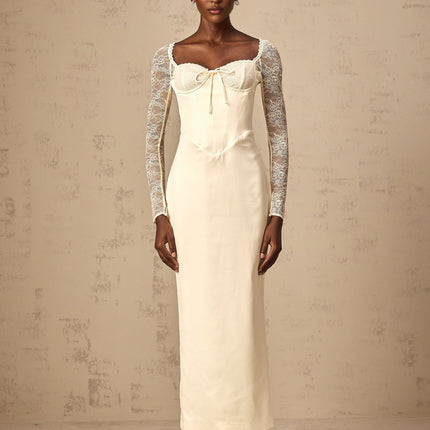 Aubrey White Satin Lace Midi Dress Long Sleeve Sweetheart Neck Bustier Rear Slit Front Tie Rear Zip Ankle Length Polyester Spandex