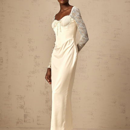 Aubrey White Satin Lace Midi Dress with Long Sleeves Sweetheart Neck and Rear Slit